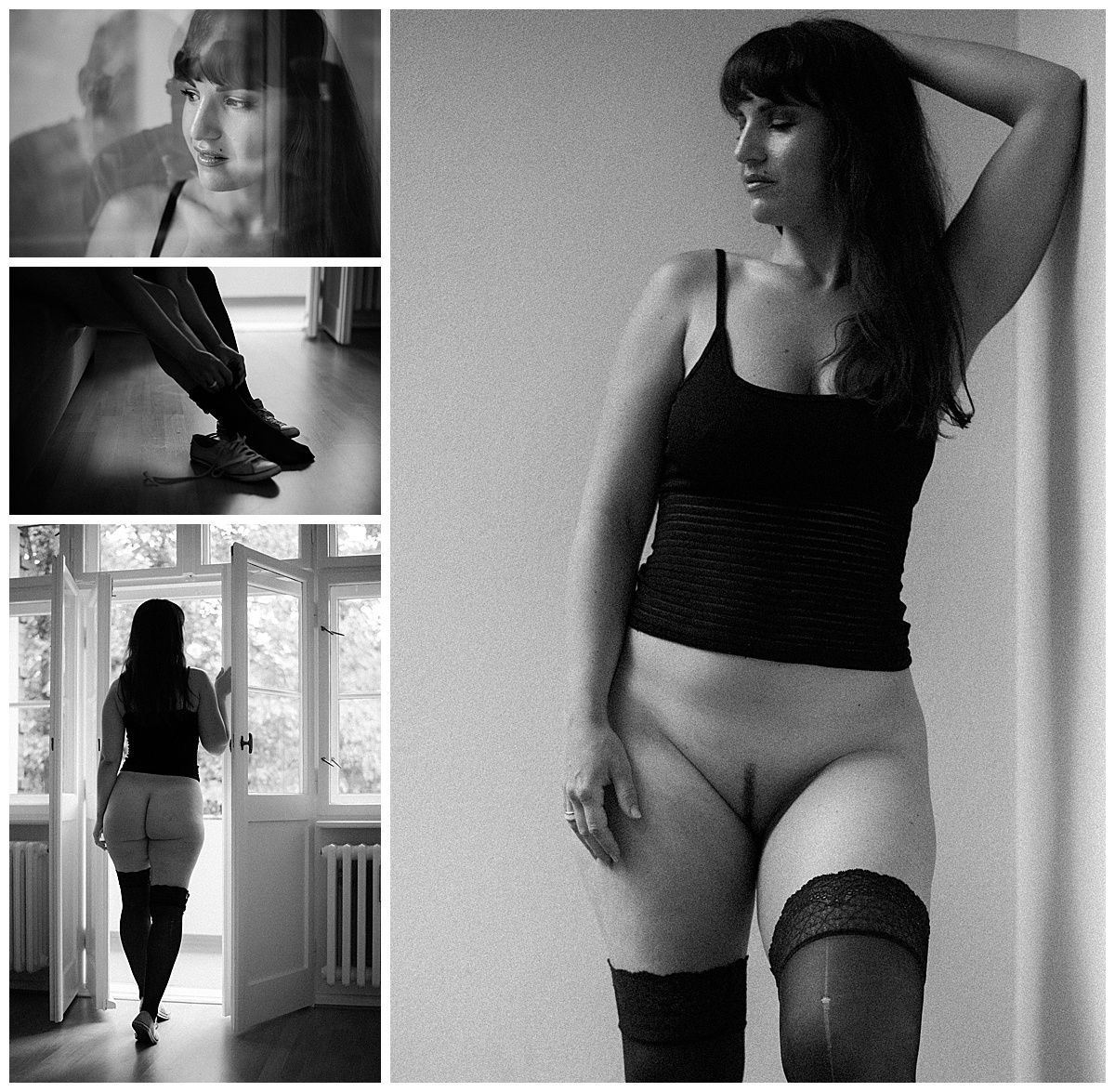 Boudoirfotos Ljuba Eine Schwarz-Weiß-Collage zeigt eine Frau in Dessous und Strümpfen, die nachdenklich in einem Raum posiert. Schicht für Schicht ist sie zu sehen, wie sie aus dem Fenster schaut, sich Schuhe anzieht und mit einem erhobenen Arm an einer Wand steht.